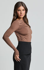 Fabia Top - Asymmetrical Off Shoulder Ruched Top in Mocha