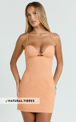 Frances Mini Linen Blend Dress - Ruched Lace Up Back Dress in Orange
