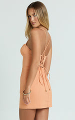 Frances Mini Linen Blend Dress - Ruched Lace Up Back Dress in Orange
