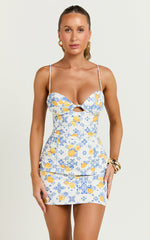 Frances Mini Linen Blend Dress - Ruched Lace Up Back Dress in LIMENCELLO TILE