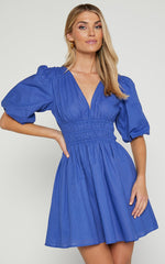 Francesca V Neck Puff Sleeves Mini Dress in Cornflower Blue