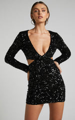 Gabriella Mini Dress - Plunge Long Sleeve Cut Out Sequin Dress in Black