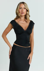 Gloria Top - V Neck Lace Detail Cap Sleeve Top in Black