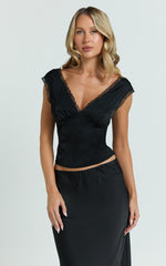 Gloria Top - V Neck Lace Detail Cap Sleeve Top in Black