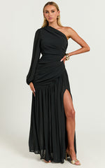 Grittah Maxi Dress - One Shoulder Bishop Sleeve High Split Ruched Dress in Black