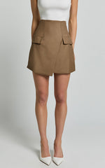 Haidy Mini Skirt - Faux Pockets Wrap Skirt in Taupe