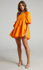Harleen Mini Dress - Linen Asymmetrical Trim Puff Sleeve Dress in Orange