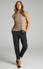 Harlow Top - High Neck Pleated Workwear Top in Beige