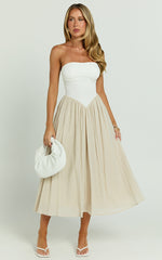Helen Midi Dress - Drop Waist Strapless Dress in White & Beige