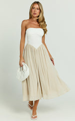 Helen Midi Dress - Drop Waist Strapless Dress in White & Beige