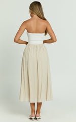 Helen Midi Dress - Drop Waist Strapless Dress in White & Beige