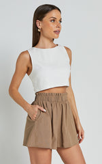 Hiromi Shorts - High Waisted Linen Look A-Line Shorts in Biscuit