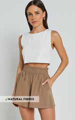 Hiromi Shorts - High Waisted Linen Look A-Line Shorts in Biscuit
