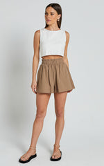 Hiromi Shorts - High Waisted Linen Look A-Line Shorts in Biscuit