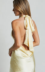 Isabella Mini Dress - Plunge Neck Back Tie Dress in Lemon