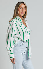 Jaycey Shirt - Long Sleeve Pocket Detail Shirt in WHITE AND GREEN STRIPE