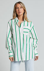 Jaycey Shirt - Long Sleeve Pocket Detail Shirt in WHITE AND GREEN STRIPE