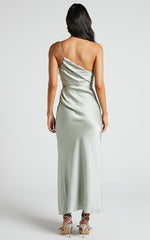 Jaylani Midi Dress - One Shoulder Thigh Split Gathered Satin Dress in Sage