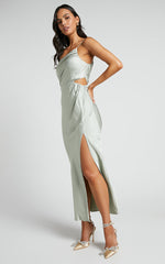 Jaylani Midi Dress - One Shoulder Thigh Split Gathered Satin Dress in Sage
