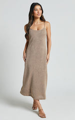 Jessie Midi Dress - Knitted Strappy Scoop Neck Slip Dress in Mushroom