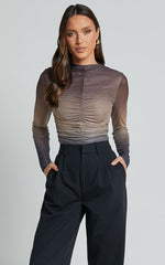 Jestin Top - High Neck Long Sleeve Ruched Top in Stormy Ombre