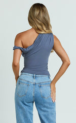 Jialeen Top - Off Shoulder Twist Asymmetrical Sleeve Top in Steel