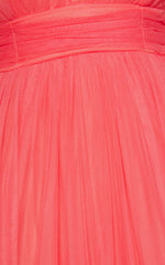 Jiraye Midi Dress - Flutter Sleeve Tuelle Plunge Dress in Coral