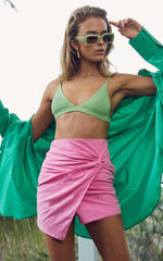 Kiandra Mini Skirt - Linen Look Twist Front Skirt in Pink Linen Look
