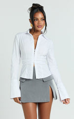 Katherine Top - Collared Plunge Flared Sleeve Top in White