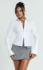 Katherine Top - Collared Plunge Flared Sleeve Top in White