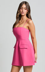 Katia Mini Dress - Strappy Corset A Line Dress in Pink