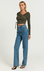 Keisha Top - Asymmetrical Long Sleeve Drawstring Top in Dark Olive