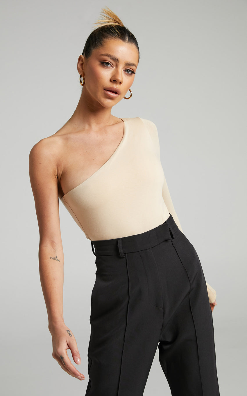 Khanley Bodysuit - One Shoulder Long Sleeve Bodysuit in Beige