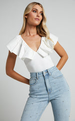 Kimber Bodysuit - V Neck Frill Bodysuit in White