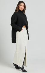 Kira Midi Skirt - Front Split Denim Skirt in Ecru