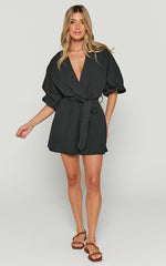 Kiro Playsuit - Linen V Neck Puff Sleeve Tie Waist Playsuit in Black