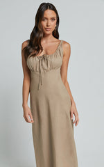 Lucas Midi Dress - Ruched Bust Linen Dress in Tobacco