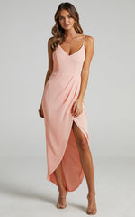 Lucky Day Midi Dress - V Neck Drape Dress in Blush