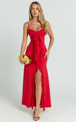 Lacie Midi Dress - V Neck Bias Cut Ruffle Tie Front Dress in Red