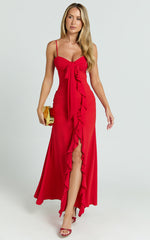 Lacie Midi Dress - V Neck Bias Cut Ruffle Tie Front Dress in Red