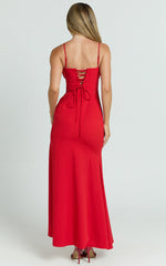 Lacie Midi Dress - V Neck Bias Cut Ruffle Tie Front Dress in Red
