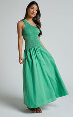 Larose Midi Dress - One Shoulder Tie Side Cut Out Dress Fit and Flare Dress in Green