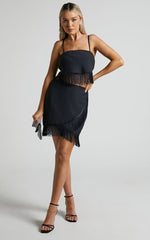 Lassey Mini Skirt - Fringe Trim Wrap Skirt in Black