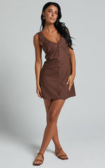 Lauryn Mini Dress - Linen V Neck A Line Dress in Chocolate
