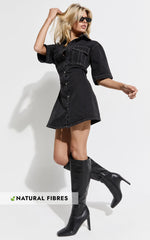 Leilani Mini Dress - Denim Short Sleeve Button Up Dress with Gold Hardware in Washed Black