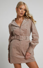 Lheya Mini Dress - Long Sleeve Belted Dress in Beige