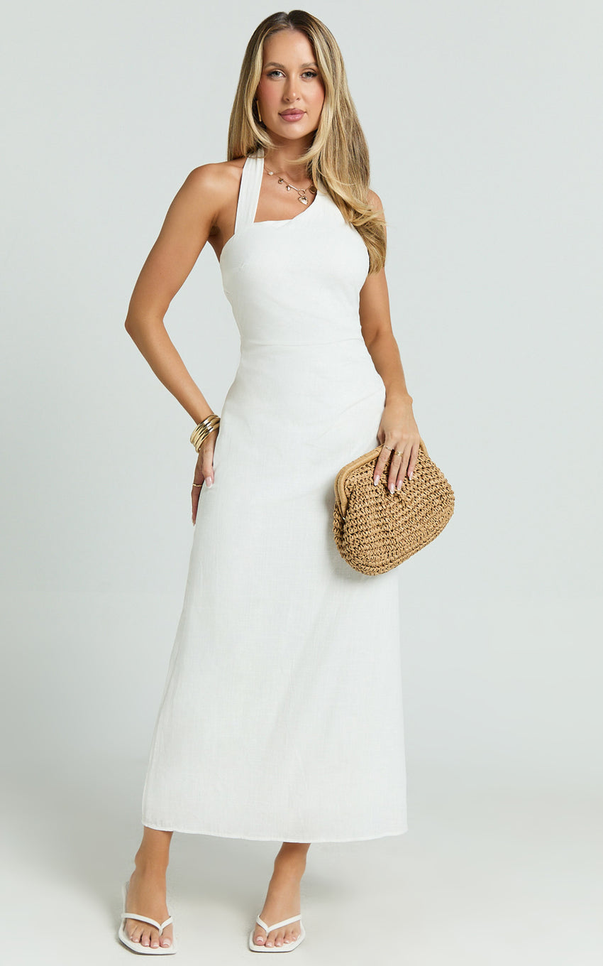 Lindley Midi Dress - Halter Neck Linen Look Dress in White