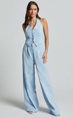 Linette Jumpsuit - Halter Neck Button Through Vest Tailored Wide Leg Jumpsuit in Light Blue