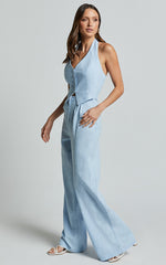 Linette Jumpsuit - Halter Neck Button Through Vest Tailored Wide Leg Jumpsuit in Light Blue
