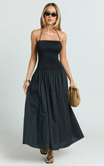 Lita Midi Dress - Shirred Bodice Halter Dress in Black